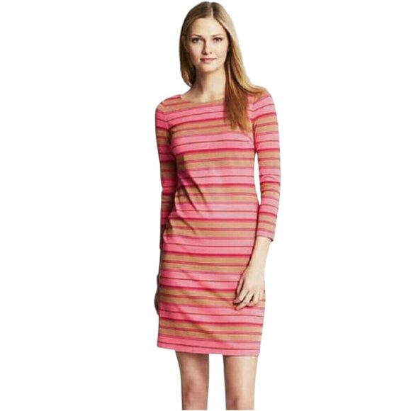 Banana Republic Pink & Metallic Gold Striped Long Sleeve Sheath Dress Sz 12T - Picture 1 of 12